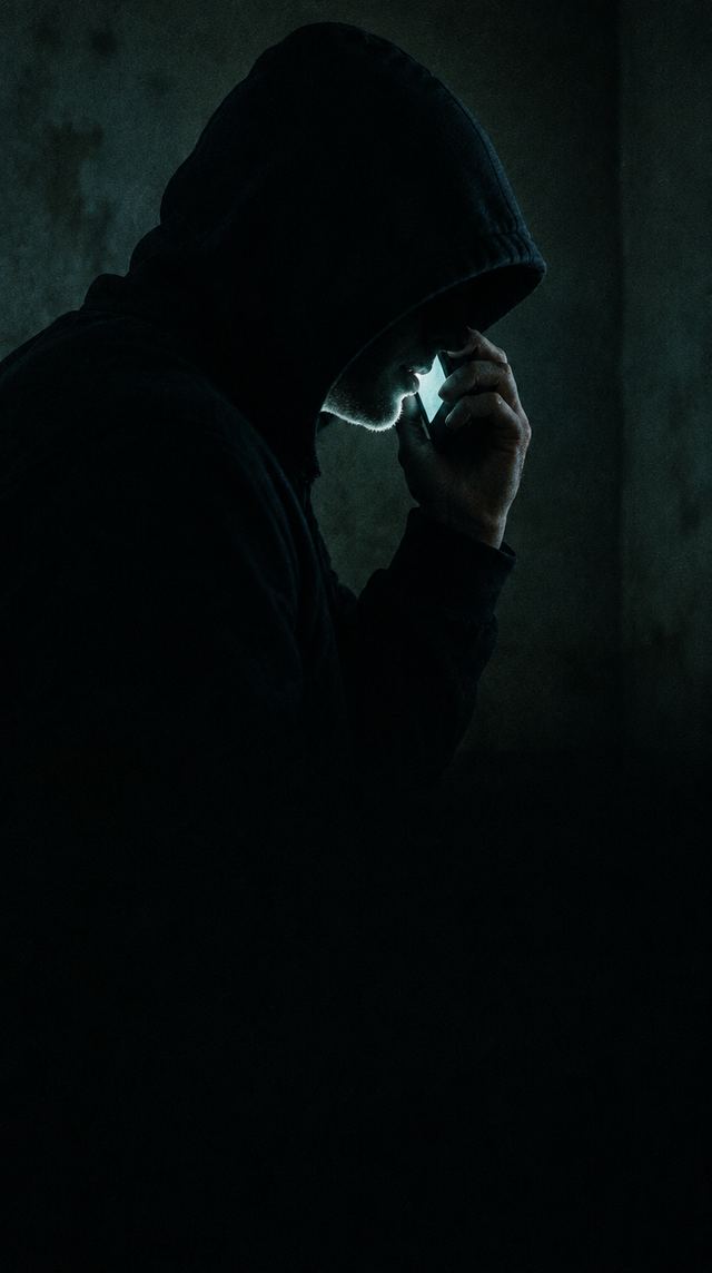 Un hombre sin rostro en un cuarto oscuro habla por teléfono.