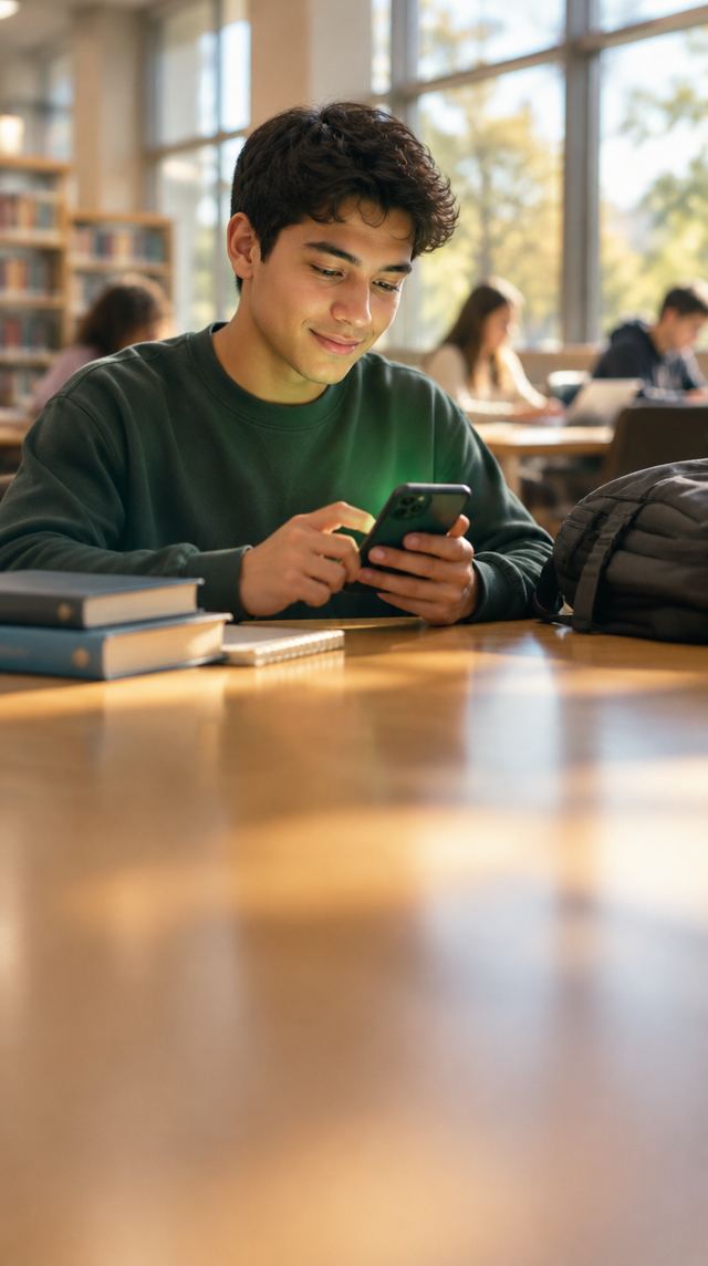 Un joven en la biblioteca de su universidad confirma en su celular que está bien.